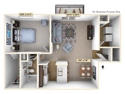 Floor plan for 1 bed, 1 bath, 675 sqft